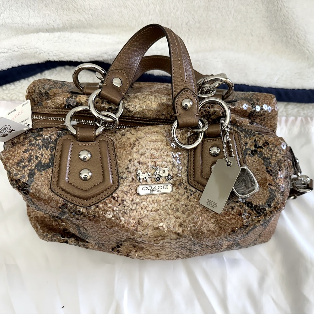 NWT Coach Madison Python Bronze/Metallic/Brown Sequin Satchel Purse D1069-15419